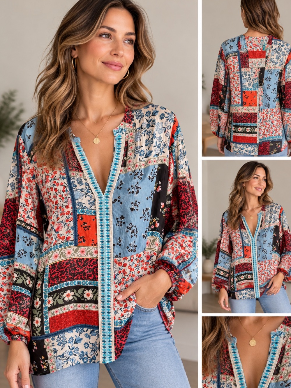 Johnny Was 100% Cupra Rayon Patchwork Floral Boho Tunic Blouse Size L